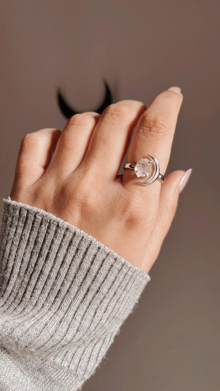 Clear Quartz Raw Uncut Crescent Moon Adjustable Silver Ring