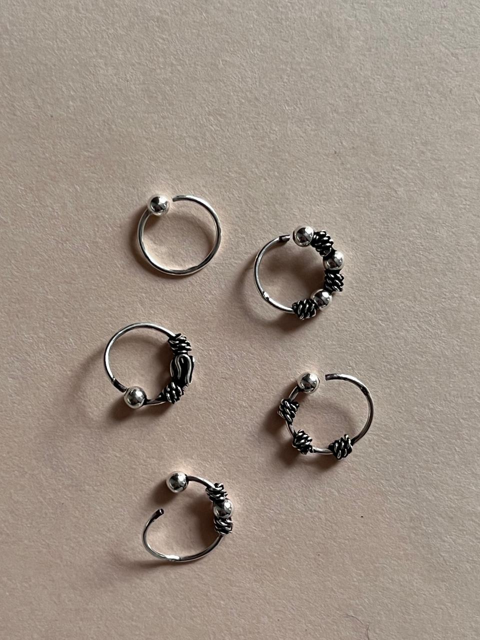 Set of 5 handcrafted bohemian nose rings with antique flair.