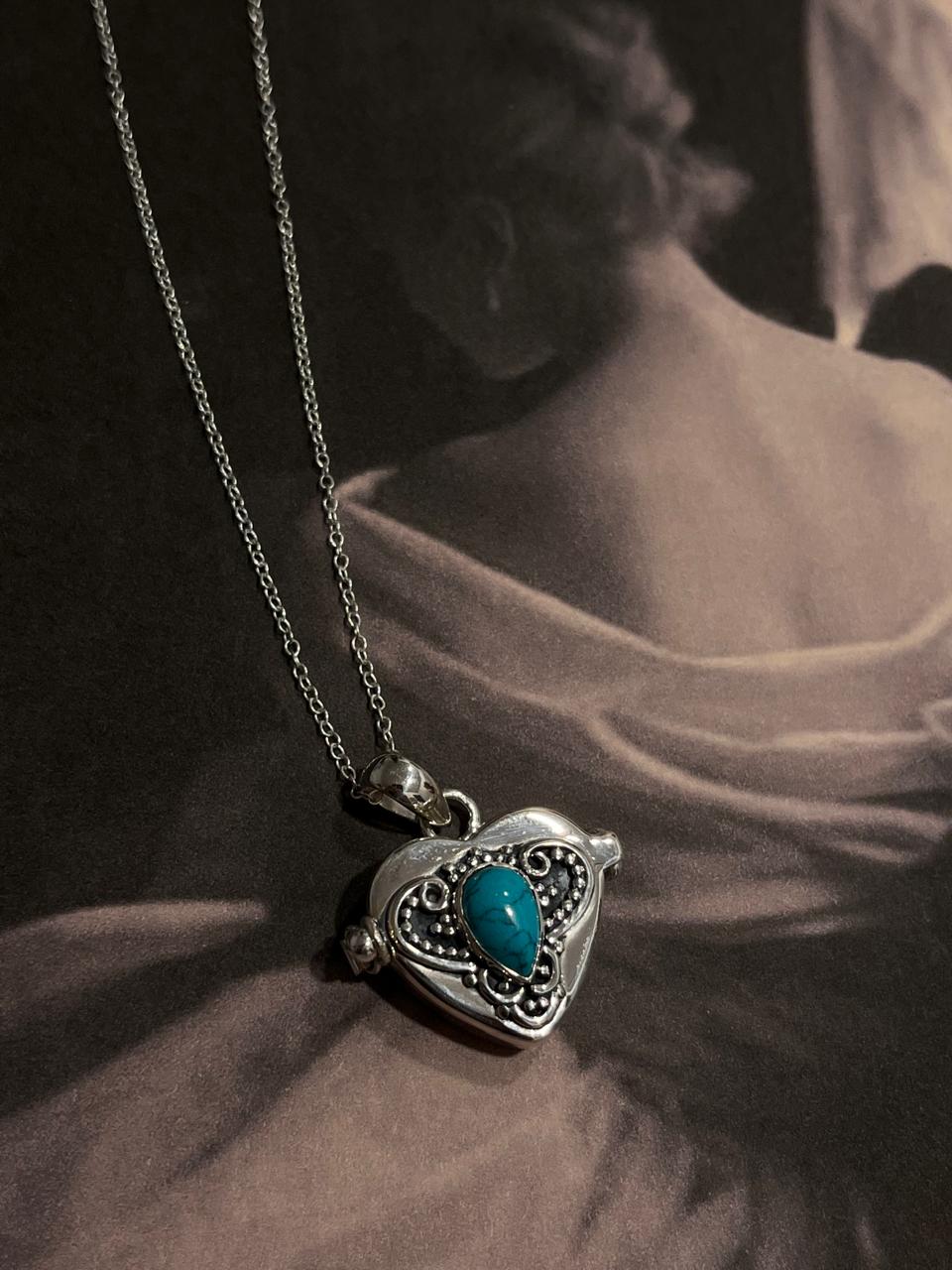 Vintage faux turquoise silver pendant with unique storage compartment