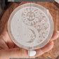 Selenite charging plate with Moon, Sun, Stars, and Yin Yang engraving