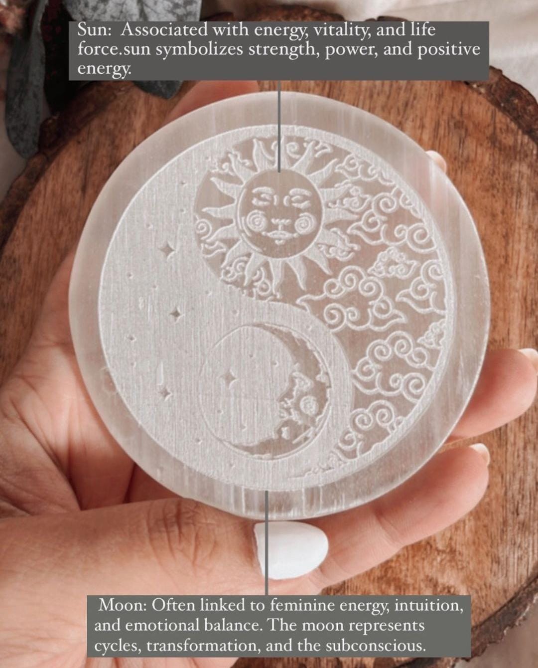 Selenite charging plate with Moon, Sun, Stars, and Yin Yang engraving