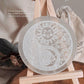 Selenite charging plate with Yin Yang, Moon, Sun & Stars design