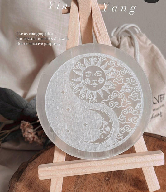 Selenite charging plate with Yin Yang, Moon, Sun & Stars design