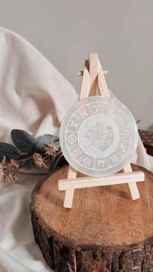 Selenite charging plate with Zodiac signs design