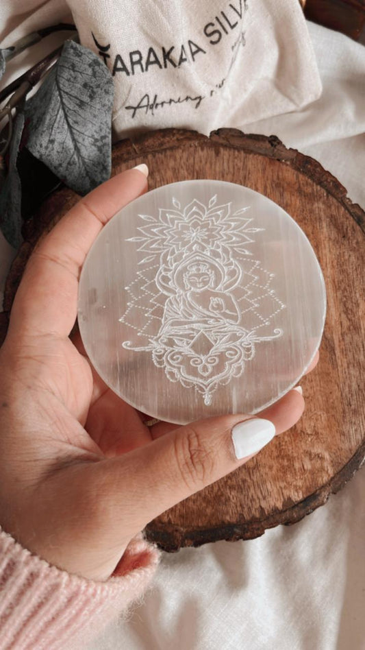 Selenite charging plate with Buddha design for energy cleansing