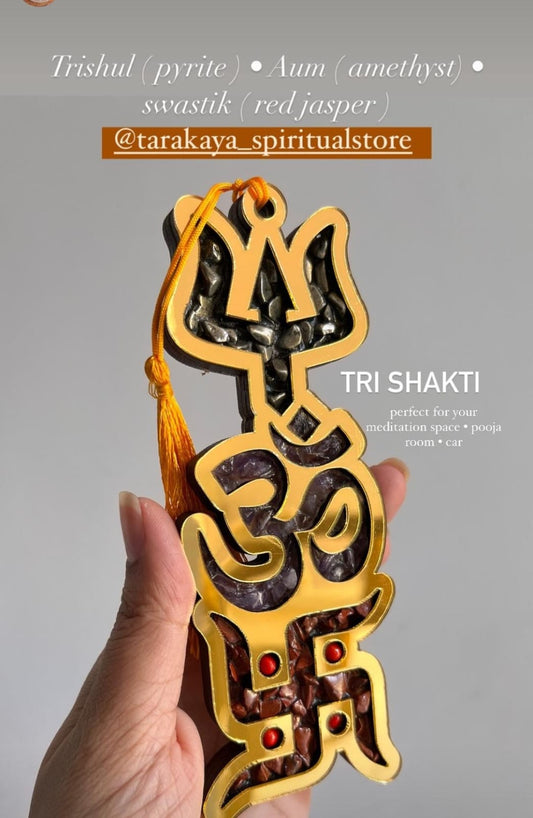 Tri Shakti pendant featuring Trishul, Aum, and Swastik symbols