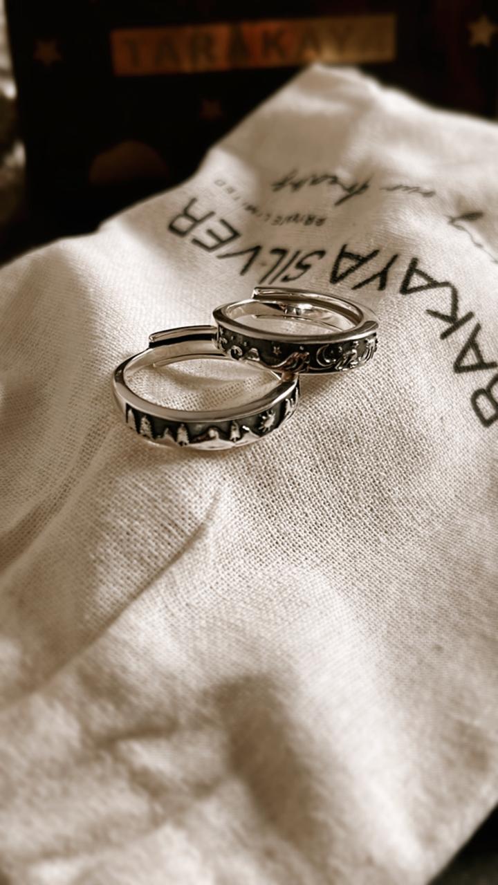Adjustable Silver Ring with Nature and Celestial Elements – Waves, Moon, and Mountain