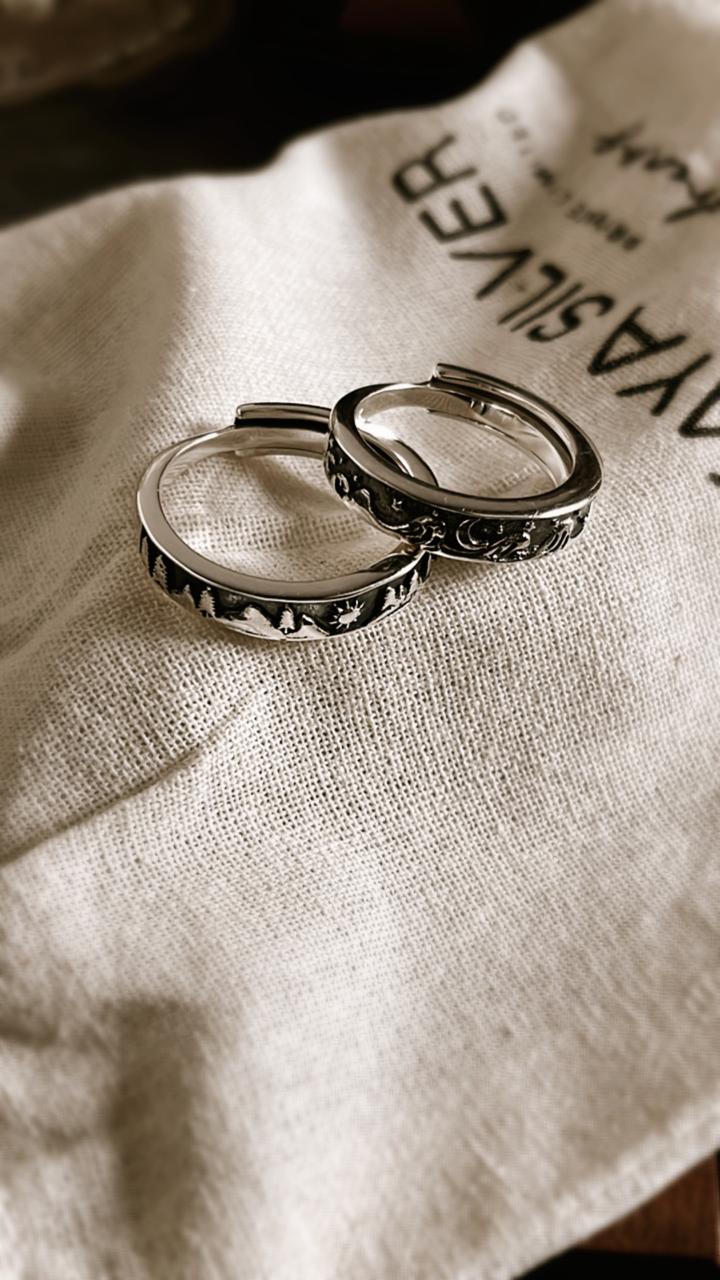 Nature-Inspired Couple Ring with Moon, Stars, Waves, and Mountain Elements