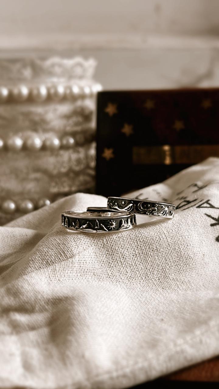 Matching Adjustable Silver Rings with Moon, Stars, Waves, Mountain, and Sun for Lovers