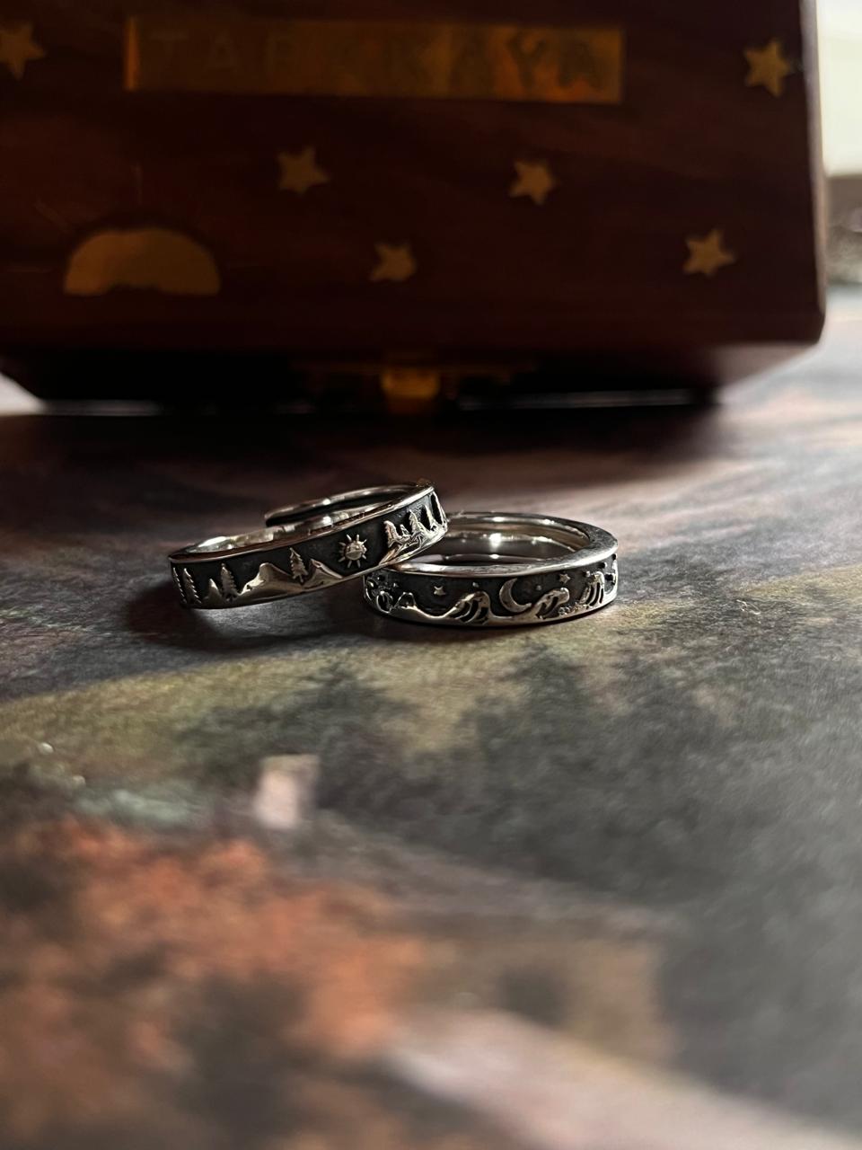 Nature and Celestial-Themed Adjustable Silver Ring for Couples with Pine Tree and Sun