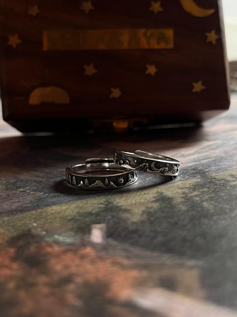 Adjustable Silver Ring for Couples with Waves, Moon, Stars, Mountain, Pine Tree, and Sun