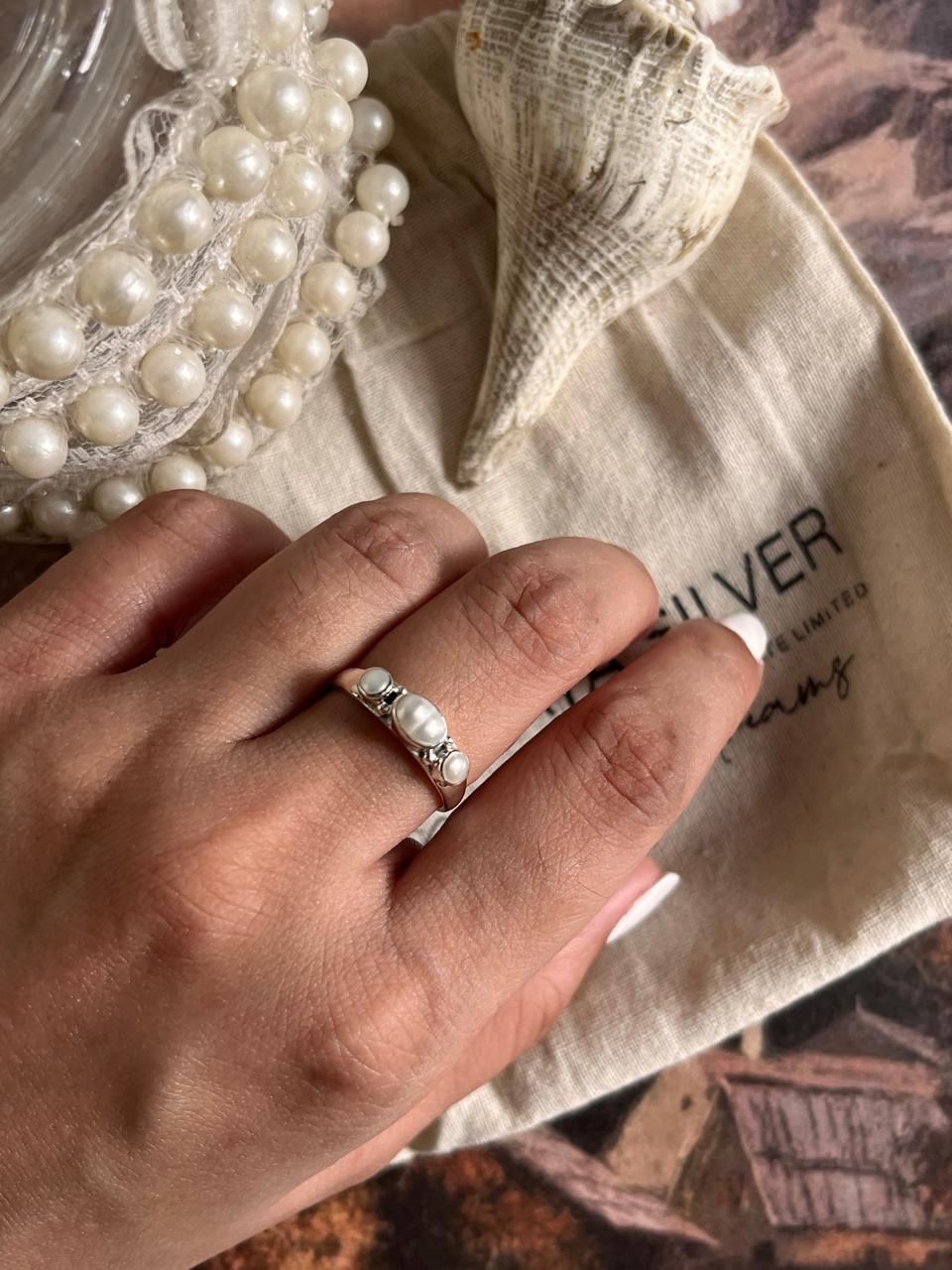 Delicate Fresh Water Pearl 3 Stone Silver Ring