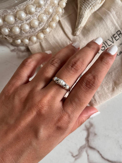 Fresh Water Pearl 3 Stone 925 Sterling Silver Ring