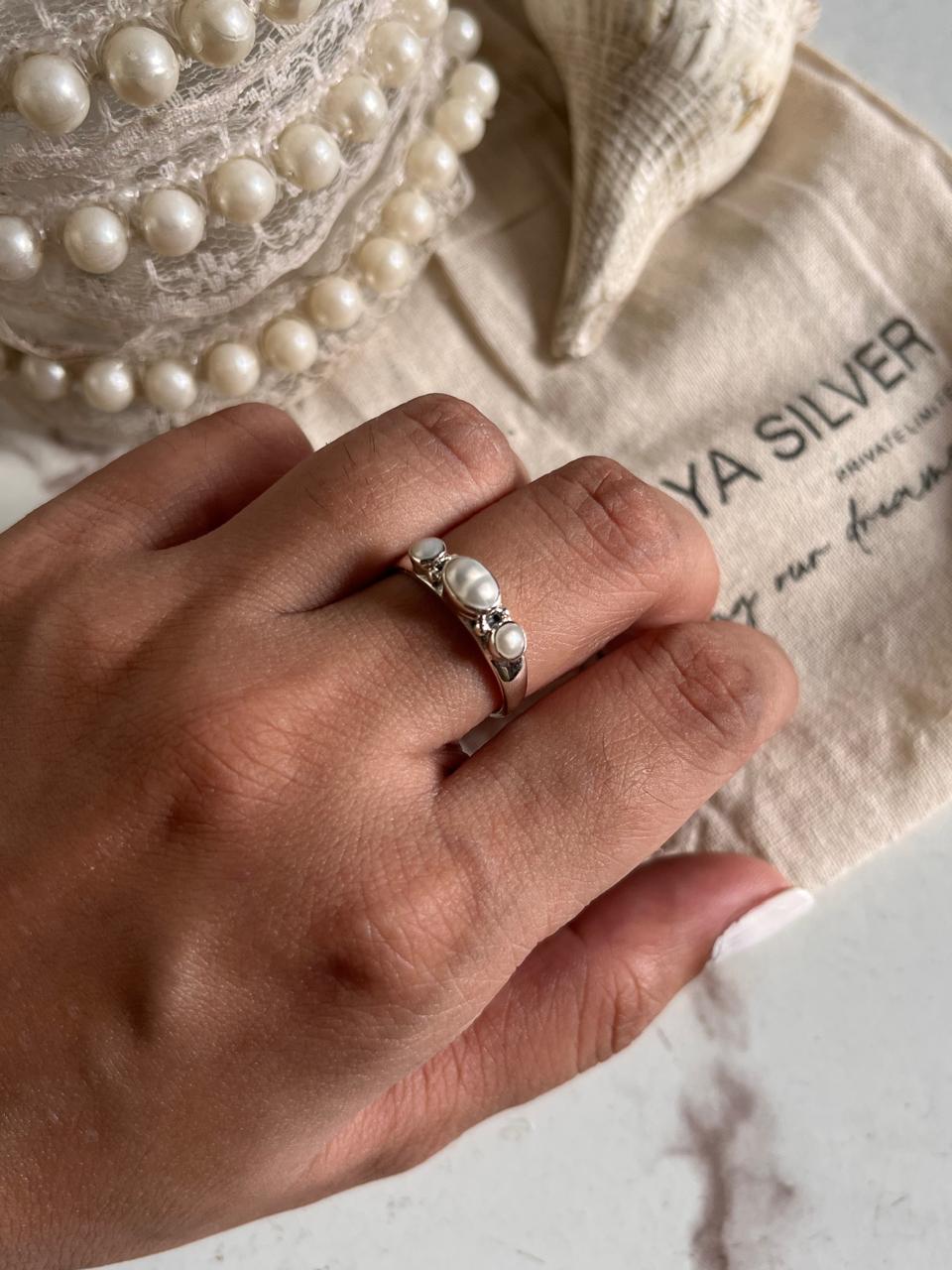 Handcrafted 3 Stone Fresh Water Pearl Silver Ring