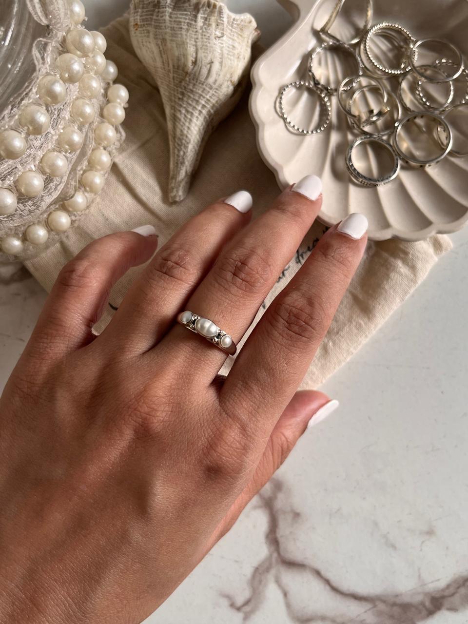 Fresh Water Pearl 3 Stone Sterling Silver Ring