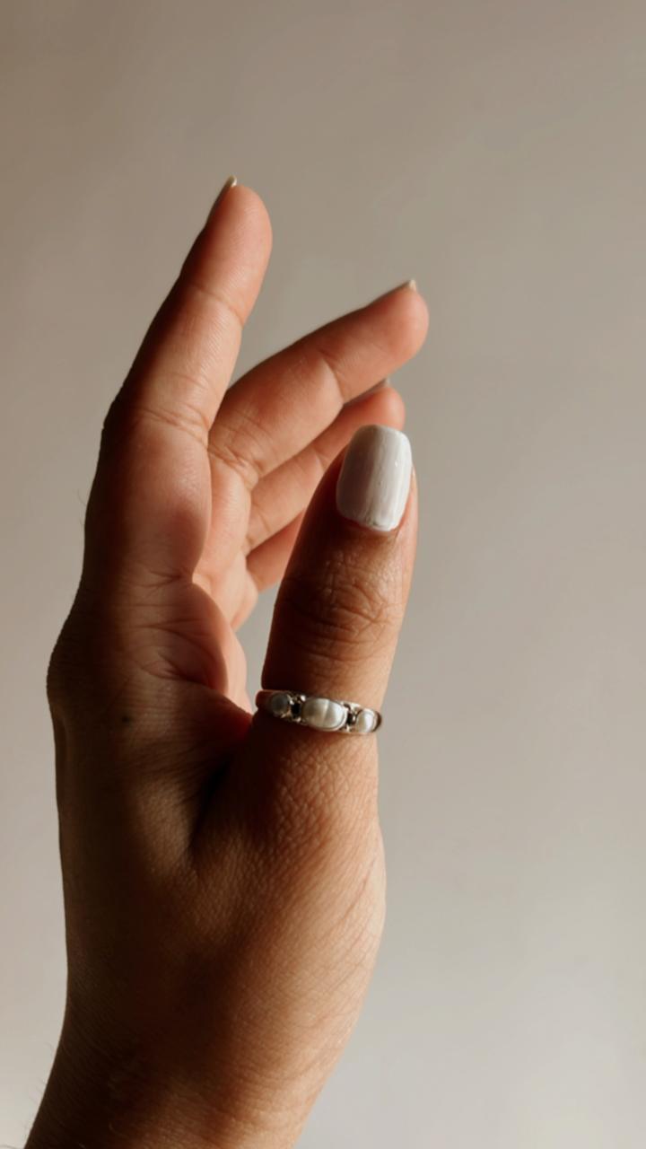 Delicate Fresh Water Pearl 3 Stone Silver Ring