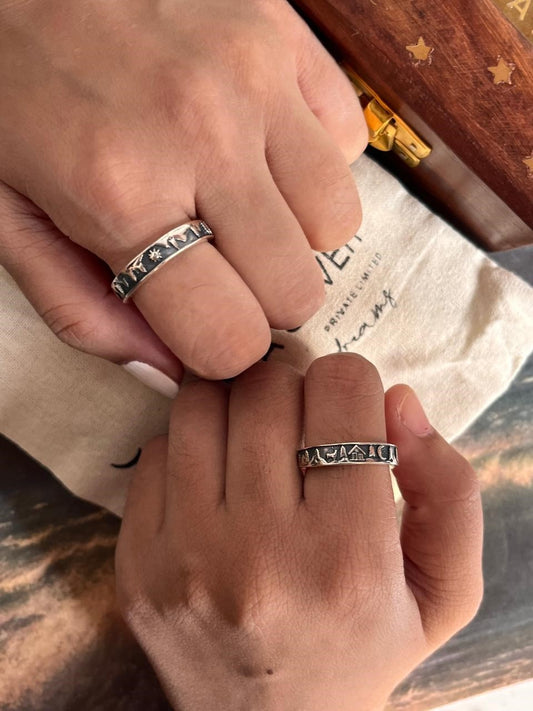 Couple Adjustable Silver Ring with Mountain, Pine Tree, and Sun Design