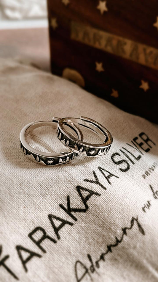 Couple Adjustable Silver Ring with Mountain, Pine Tree, and Sun Design