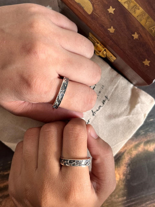 Couple Adjustable Silver Ring with Waves, Moon, and Stars Design