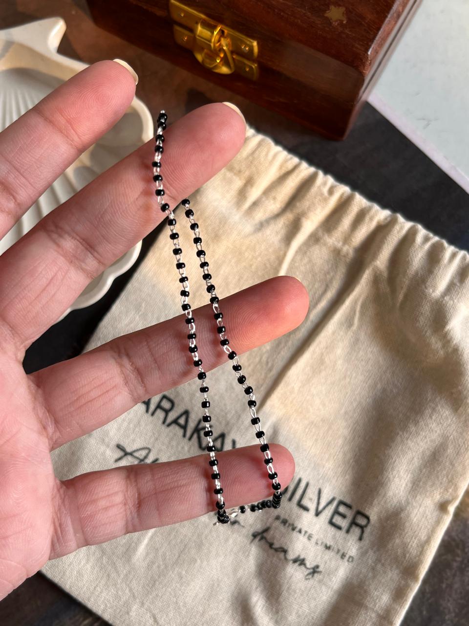 Elegant Black Beaded Nazariya Anklet in Sterling Silver