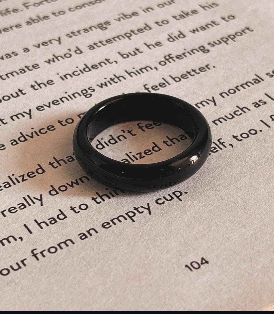 Timeless black agate crystal band ring in sterling silver.