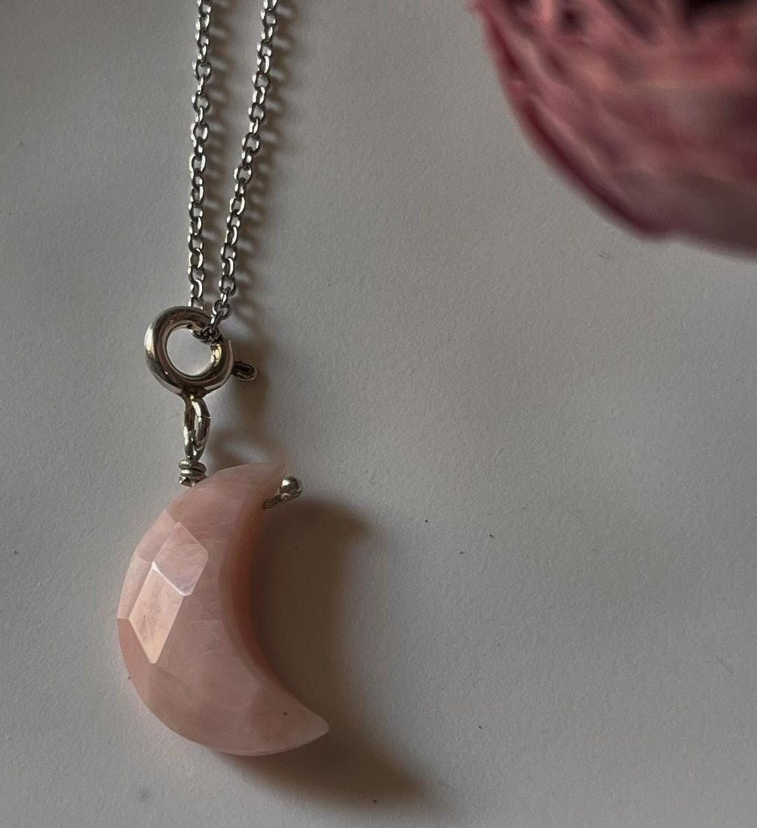 Natural Pink Opal Crescent Moon Crystal Charm