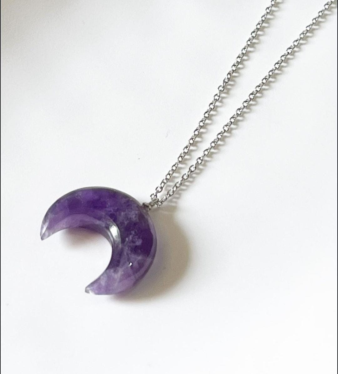 Amethyst Crescent Moon Necklace with Big Crystal 