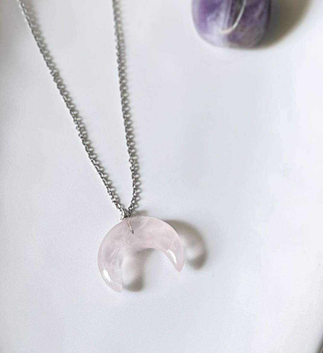 Rose Quartz Crescent Moon Necklace with Big Crystal 