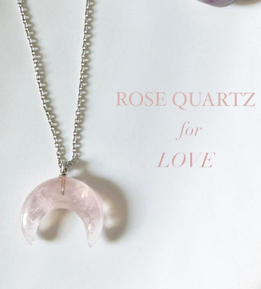 Rose Quartz Big Crescent Moon Crystal Necklace