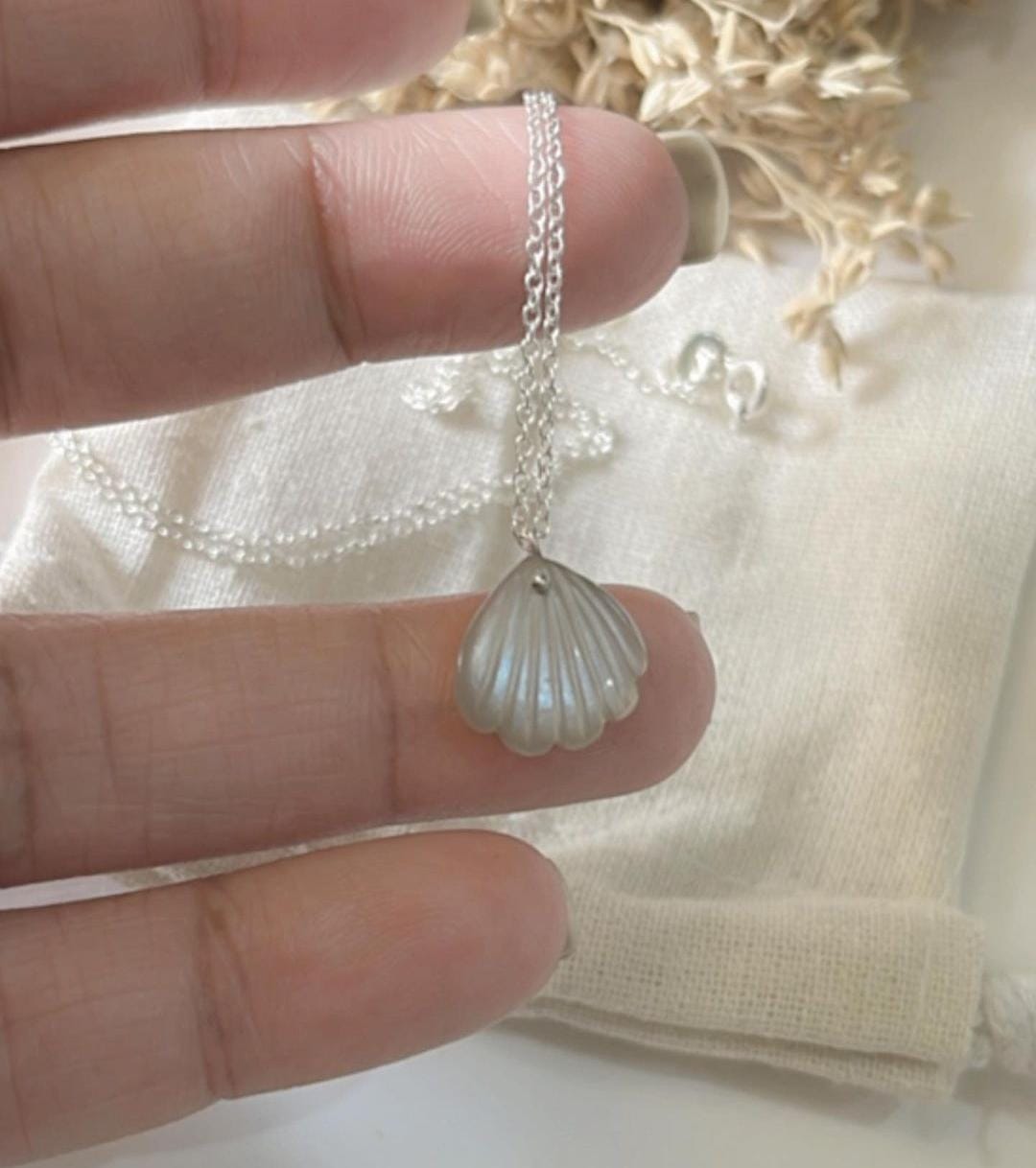 Handmade Grey Moonstone Shell Crystal Necklace 