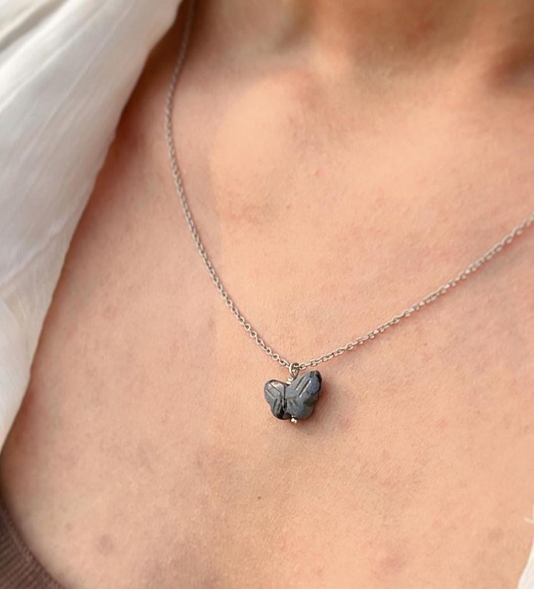 Black Jasper Butterfly Gemstone Necklace 