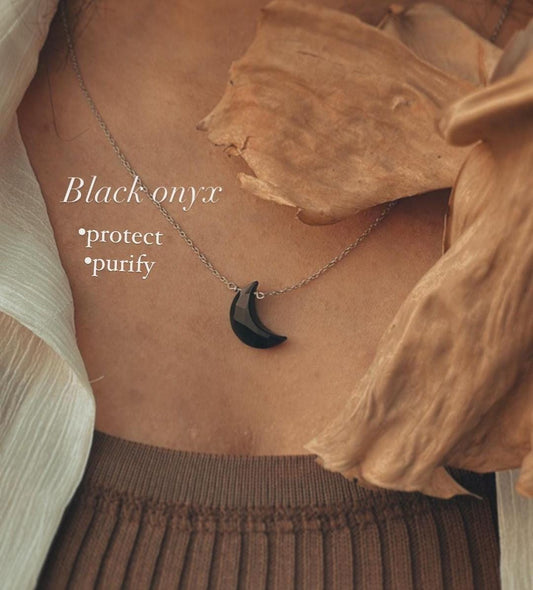 Black Onyx Crescent Moon Crystal Necklace