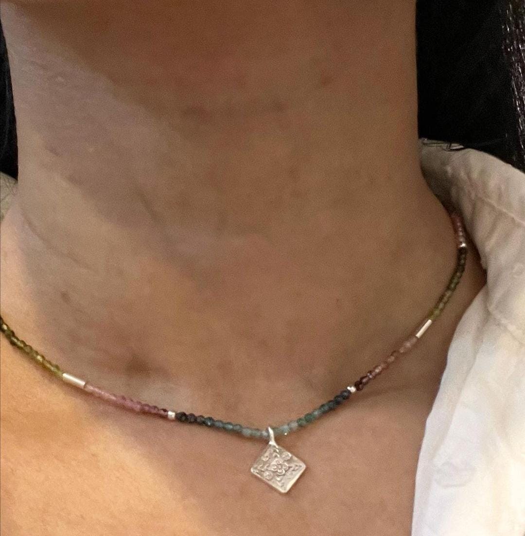 Multi Tourmaline Gemstone Tribal Silver Necklace