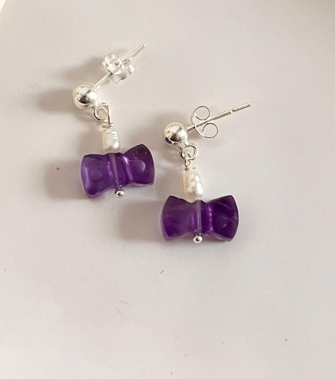 Elegant Amethyst and Pearl Crystal Bow Earrings