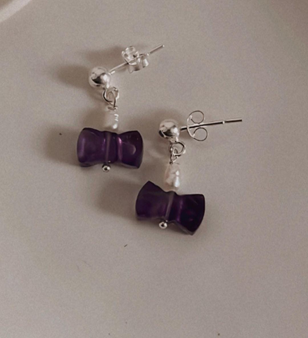Amethyst Bow Earrings with Pearl Accent