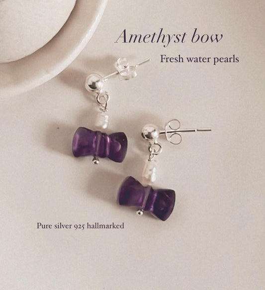 Amethyst Bow Pearl Crystal Earrings