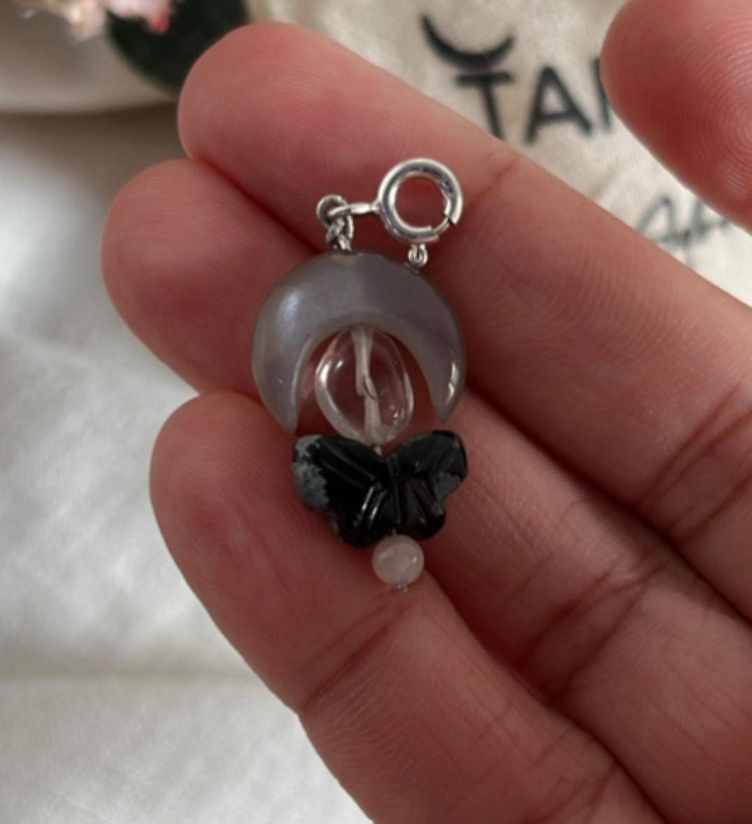 Moonstone Moon Clear Quartz Butterfly Charm for Spiritual Healing 