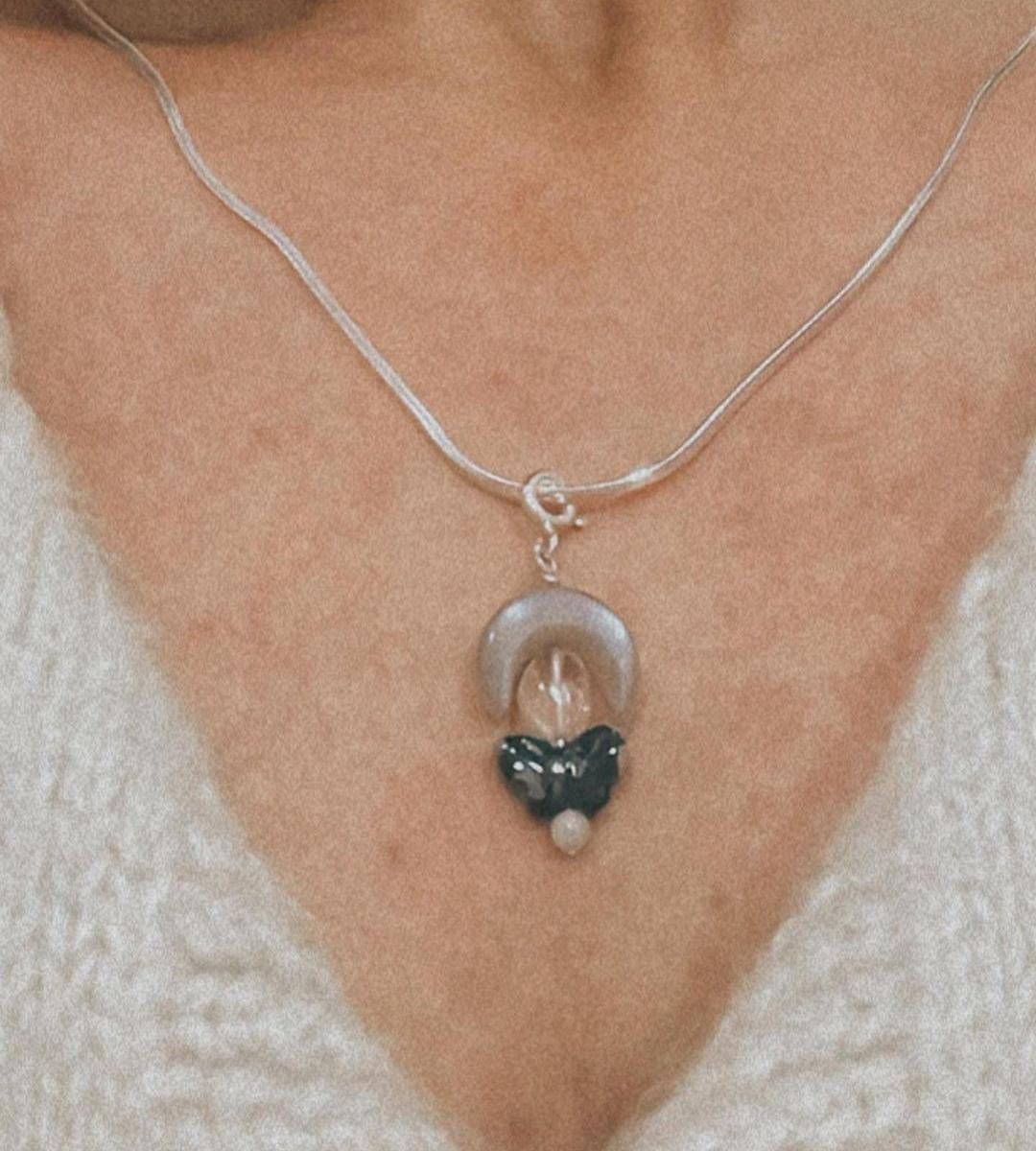 Moonstone and Clear Quartz Butterfly Crystal Charm with Black Jasper 