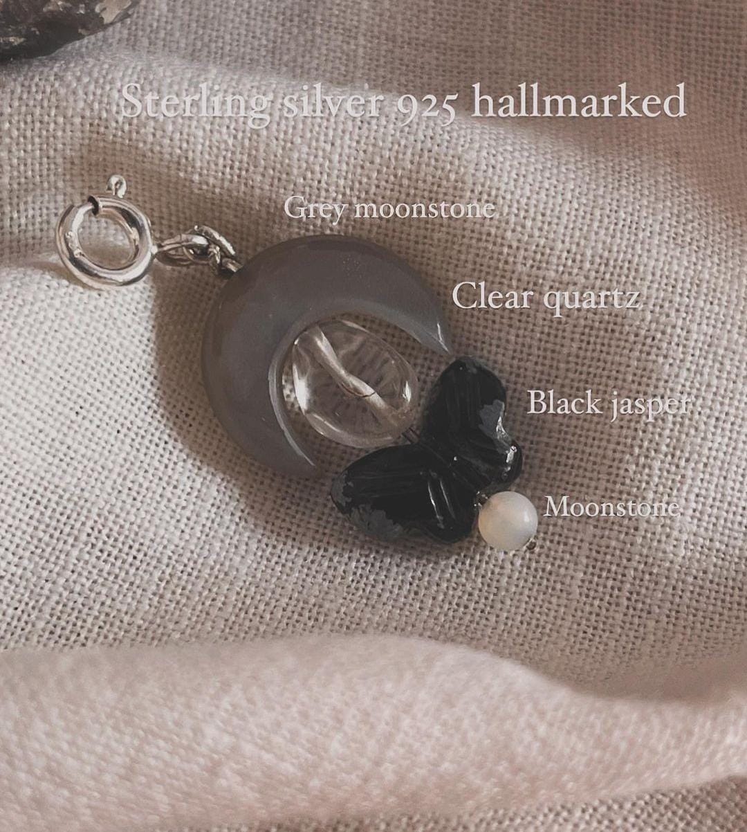 Black Jasper Butterfly with Moonstone Moon and Clear Quartz Charm