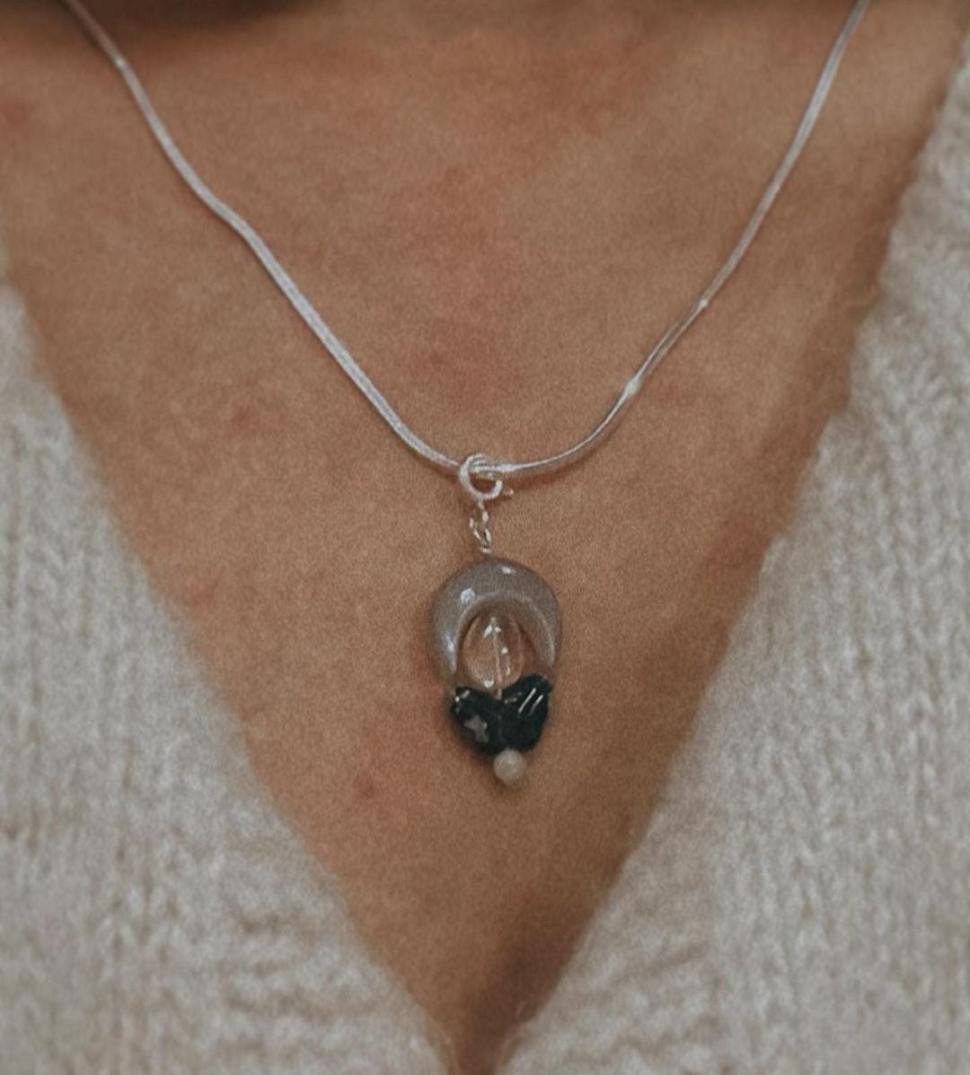 Moonstone Moon and Clear Quartz Butterfly Crystal Charm 