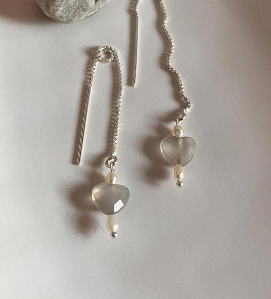 Grey Moonstone Heart with Pearl Charm Crystal Earring