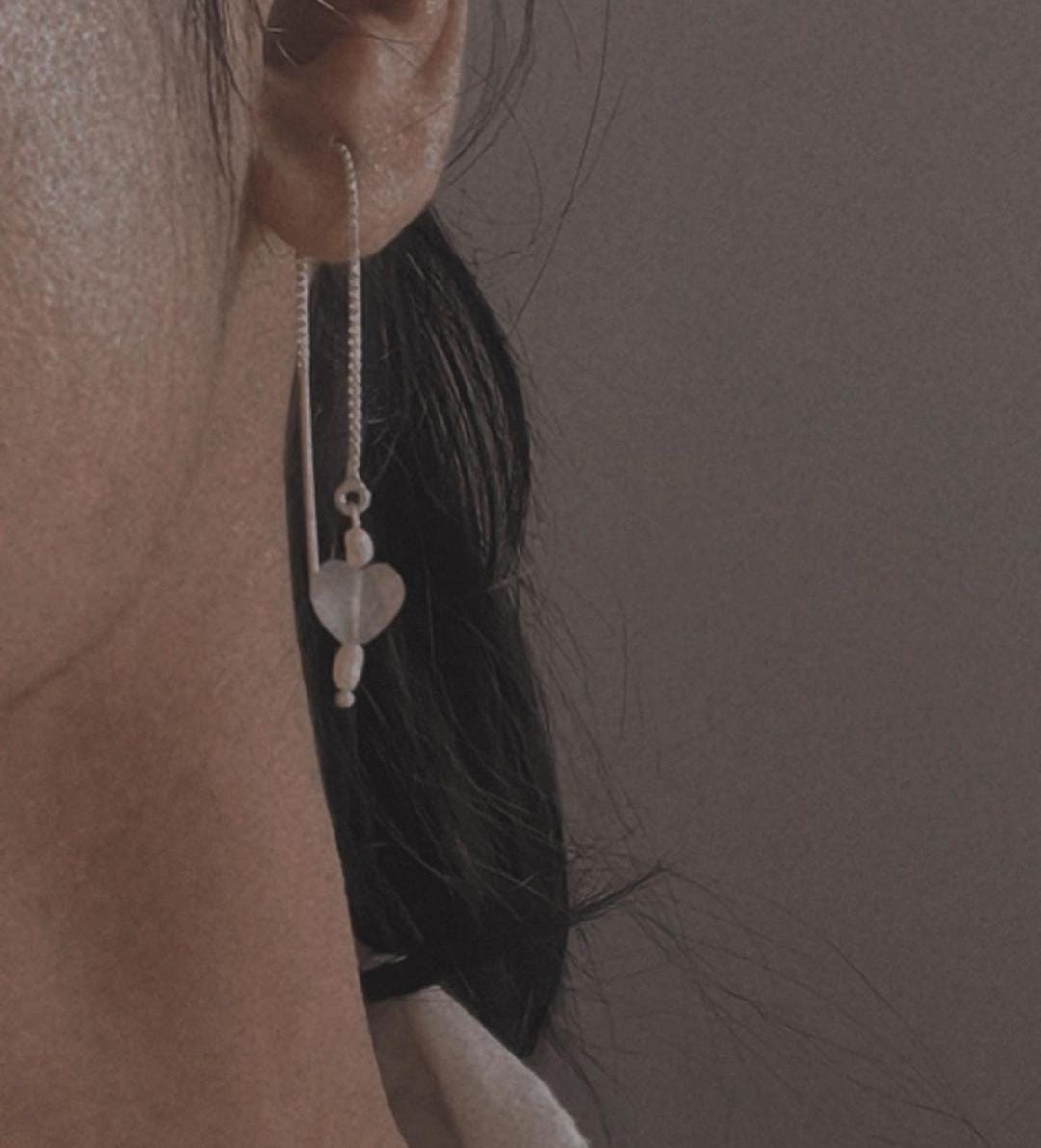 Handmade Grey Moonstone Heart with Pearl Charm Earrings