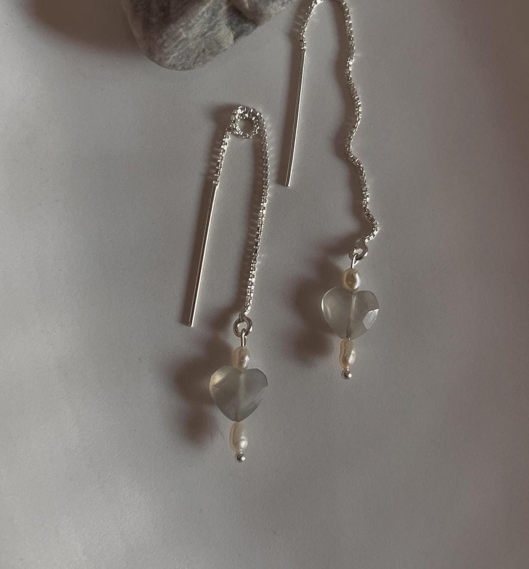 Grey Moonstone Heart Crystal Earrings with Pearl Accent