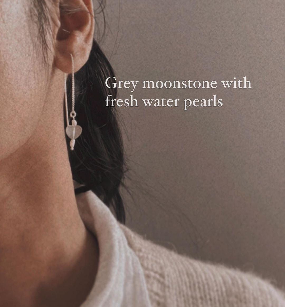 Heart-Shaped Grey Moonstone and Pearl Charm Earring 