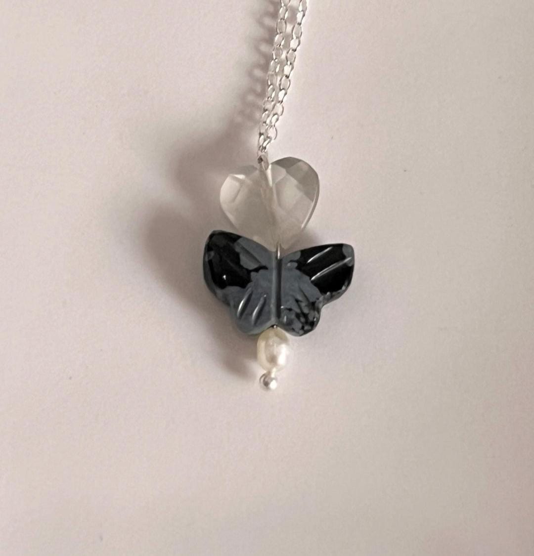 Handmade Black Jasper Butterfly Necklace with Pearl and Grey Moonstone