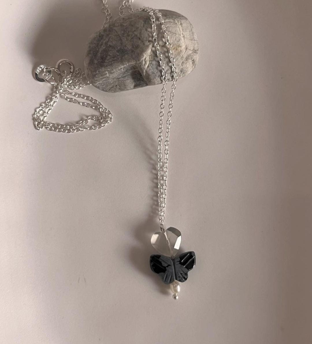 Grey Moonstone Heart, Black Jasper Butterfly, and Pearl Necklace 