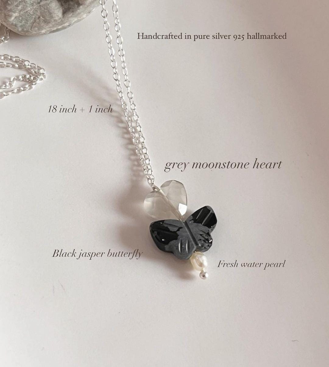 Black jasper butterfly, Pearl, Grey Moonstone heart crystal Necklace