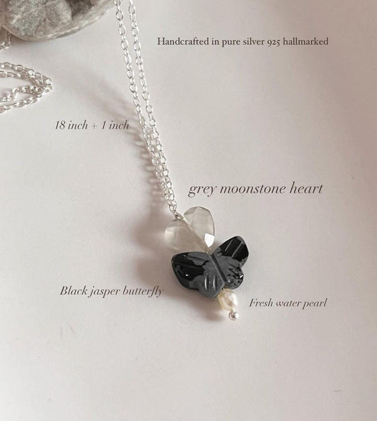 Black jasper butterfly, Pearl, Grey Moonstone heart crystal Necklace