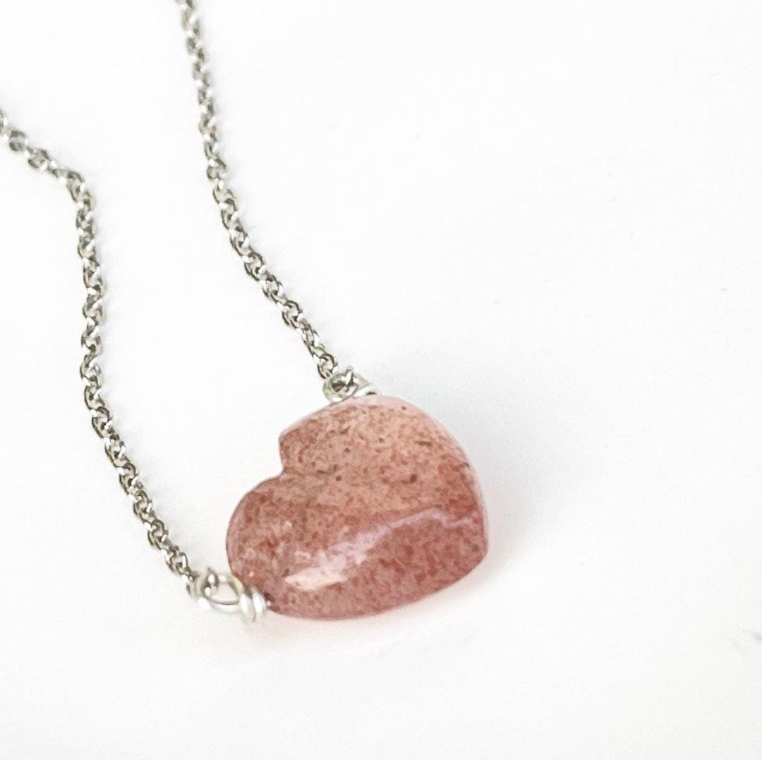 Natural Strawberry Quartz Heart Crystal Necklace 