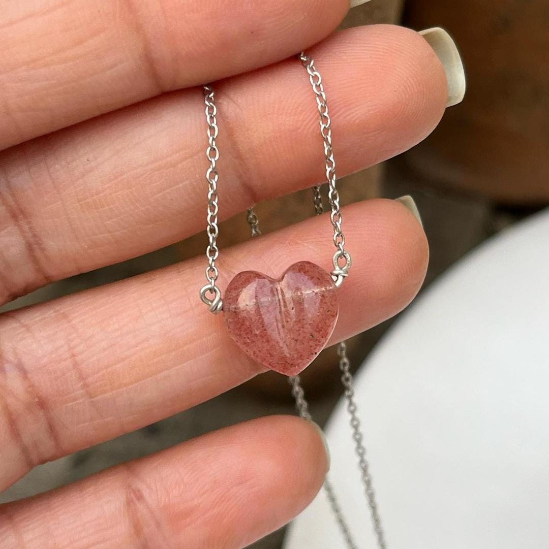 Handmade Strawberry Quartz Heart Charm Necklace